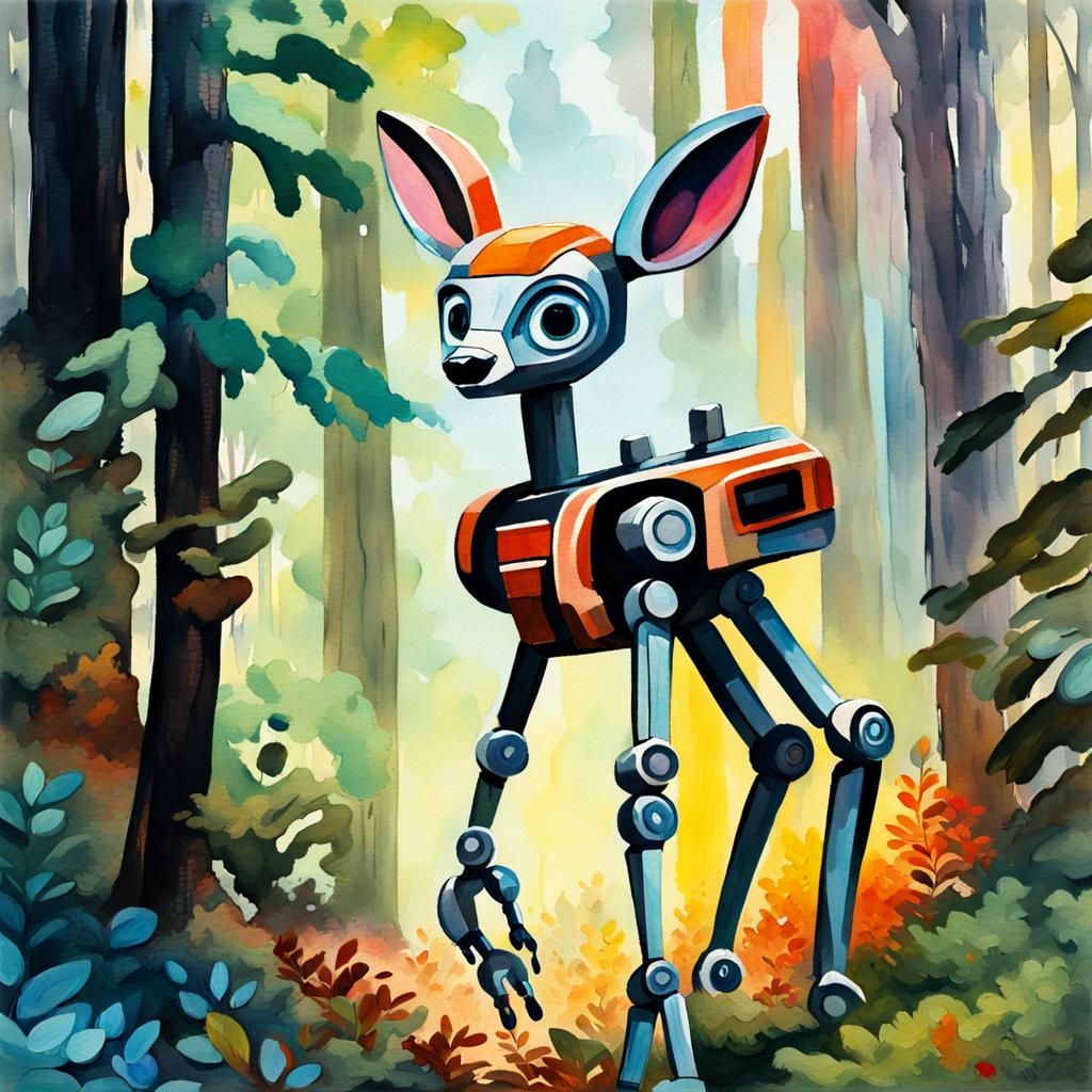Bambi Robot Cyborg in Forest, Impressionist Gouache Style