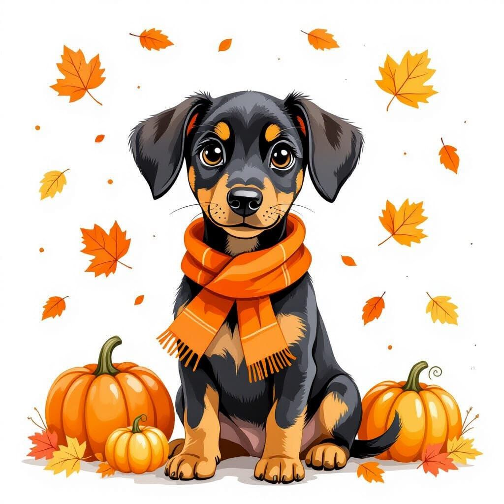 Cute Doberman in Whimsical Watercolor Style with Autumn Leav...