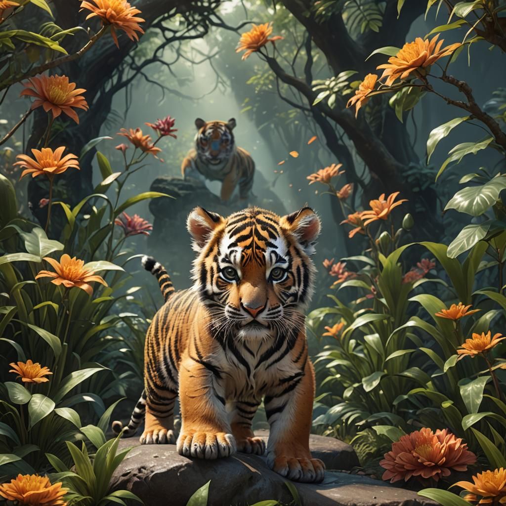 Cute Baby Tiger in Detailed Digital Painting