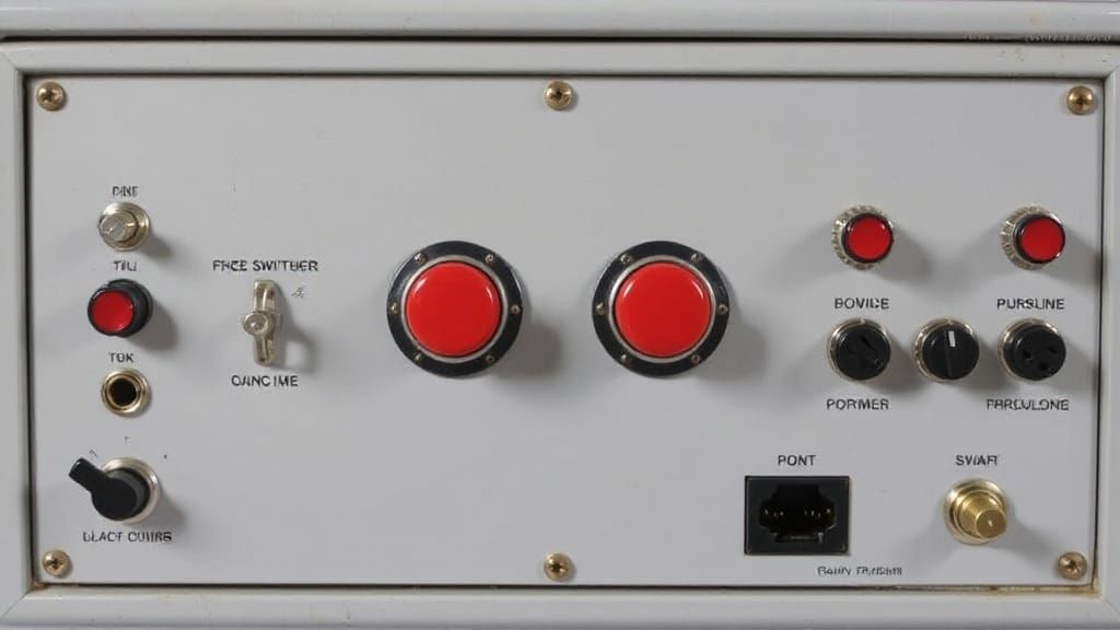 Vintage Military Grey Metal Console with Red Buttons