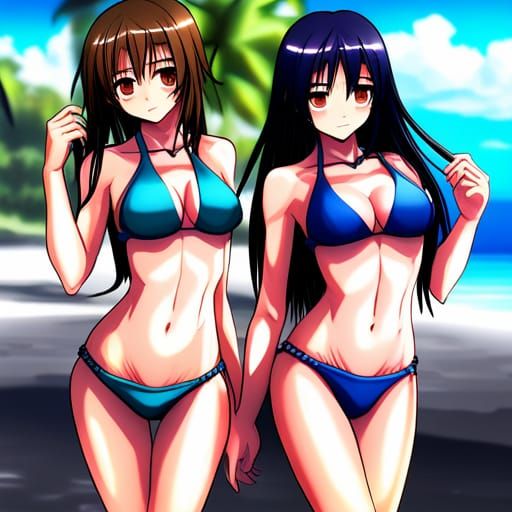 Anime Girls in Blue Bikinis: Hyperrealistic Detail
