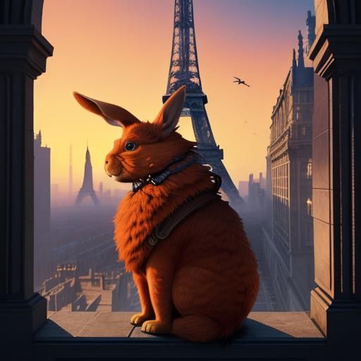 Orange Rabbit Sits Atop Eiffel Tower