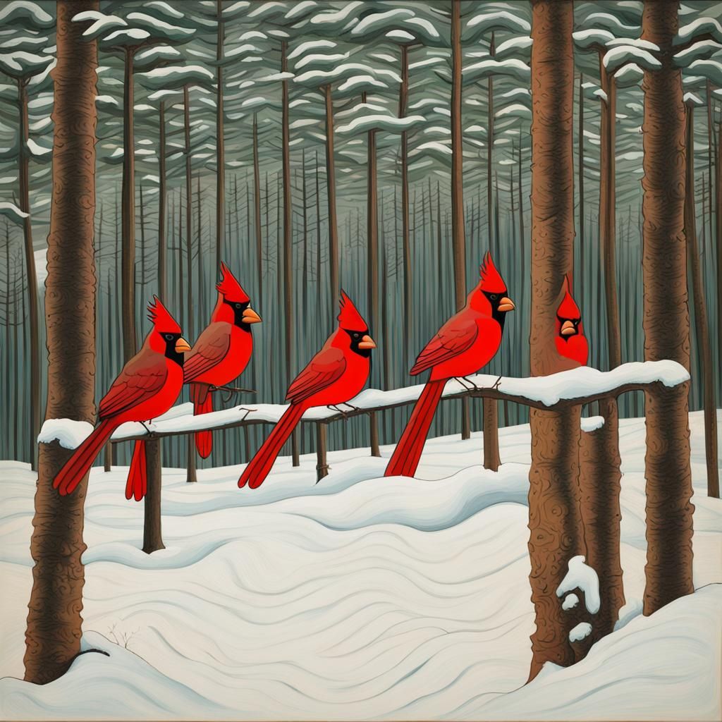 Cardinals in Winter Forest: Primitivism Style