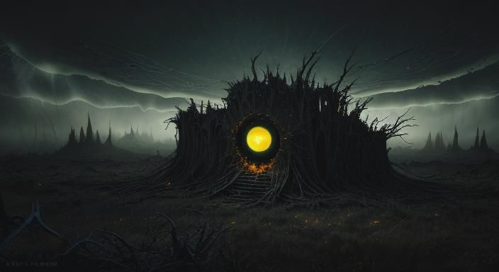 Alien Warrior in Apocalyptic Forest, Marquetry Border