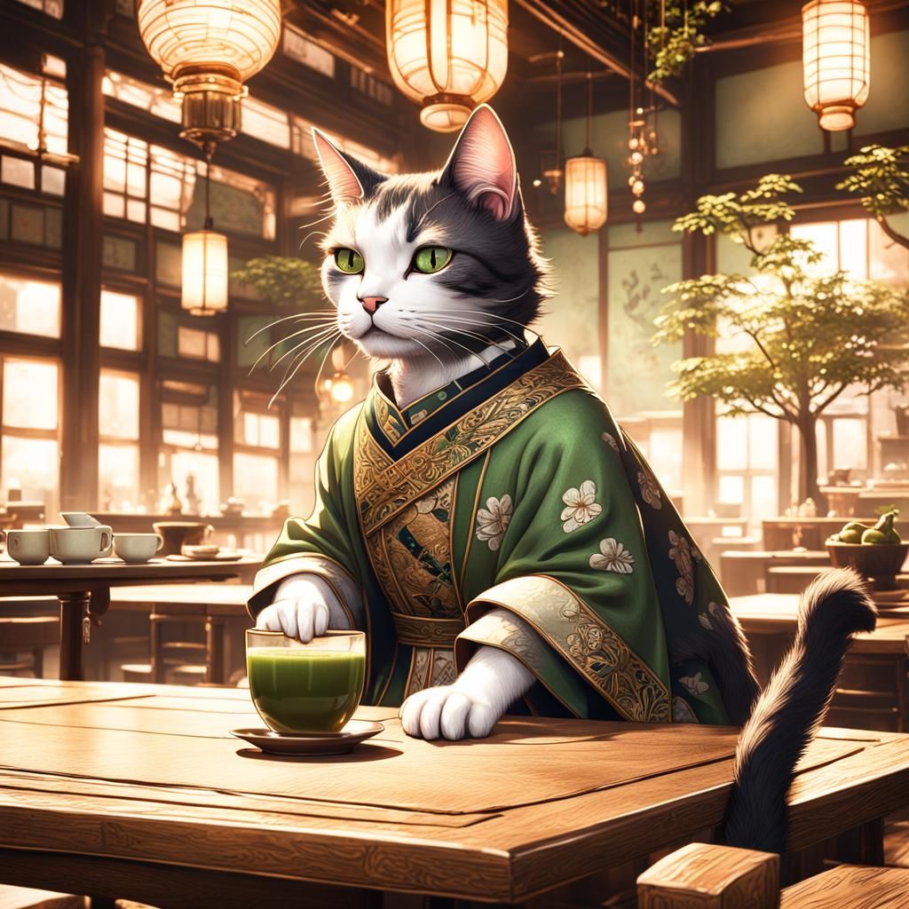 Cat Sipping Matcha in 1920s Japanese Cafe