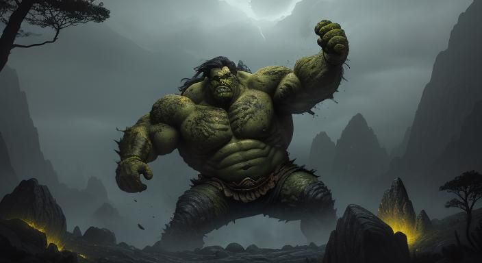 Troll-like Creature About to Hurl Boulder in Dark Fantasy Ar...