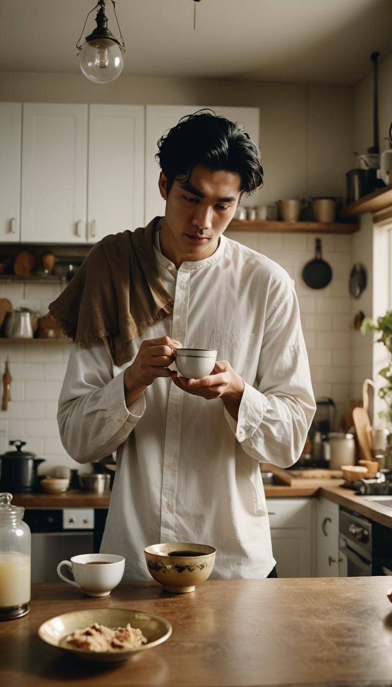 Young Man Drinking Tea in Cozy Cinematic Kitchen