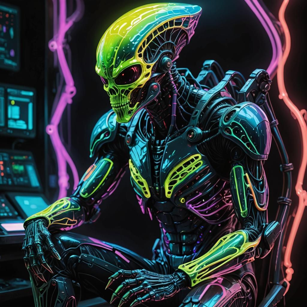Chemiluminescent Alien Soldier in Neon Cyberpunk Style