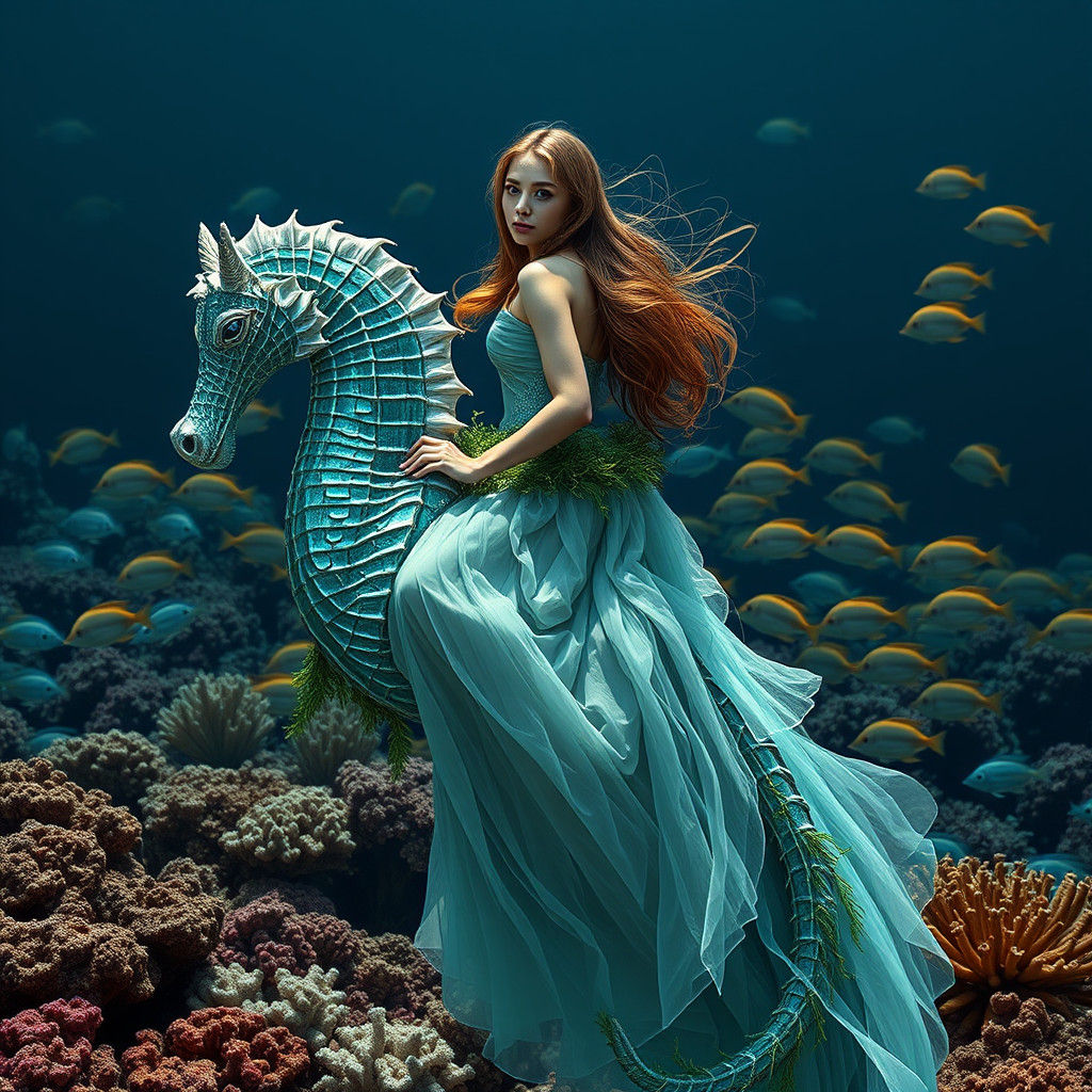 Mermaid Rides Seahorse in Coral Reef, Hyperrealistic