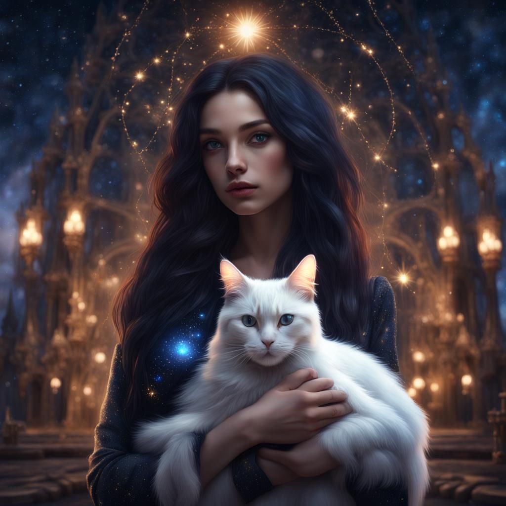 Girl with Sapphire Eyes Hugging Cat