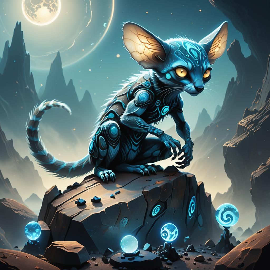 Ringtail Alien Studies Bioluminescent Specimen on Exoplanet