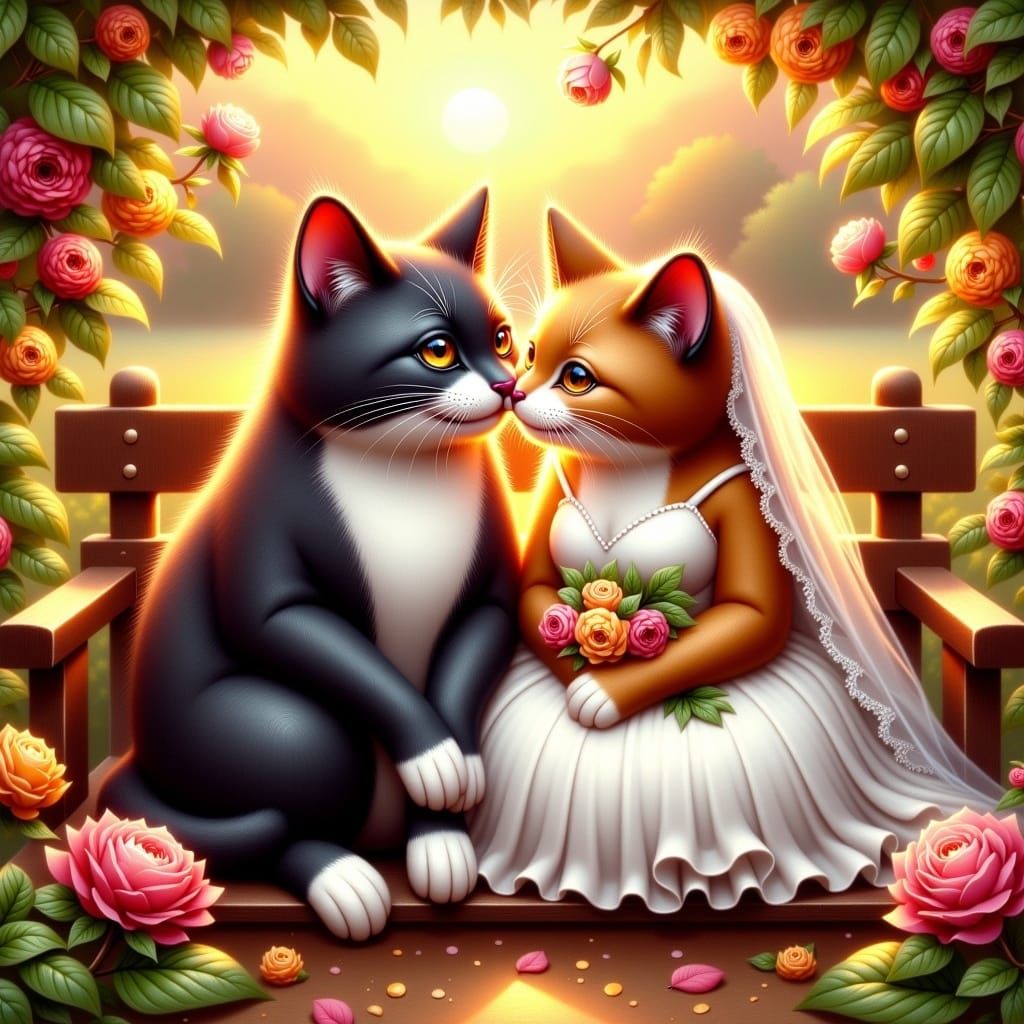 Romantic Feline Couple Share Sunset Whisker Kiss