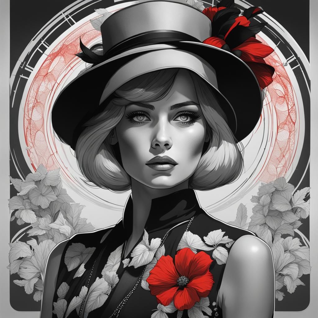 Elegant 1960s Woman in Red, Black and White Portrait