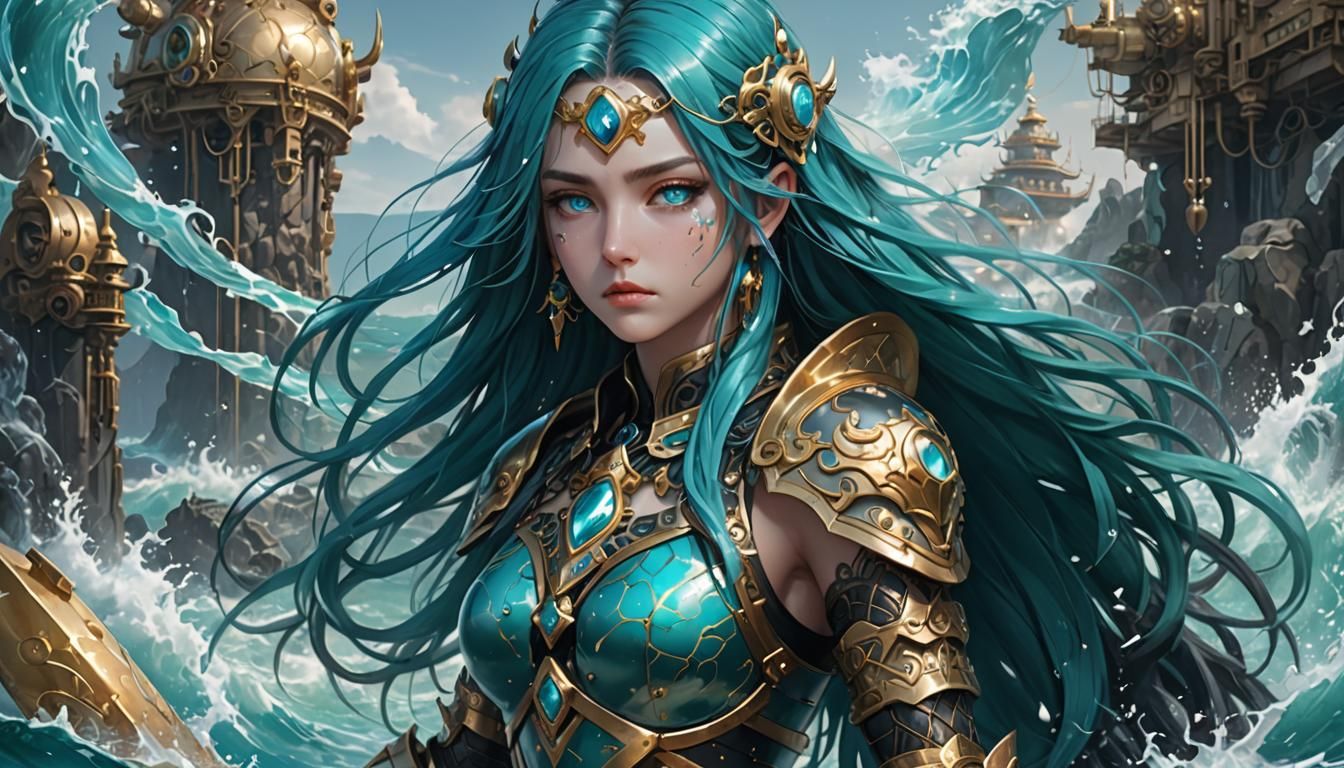 Anime Style Woman with Tattoos and Gold Armor