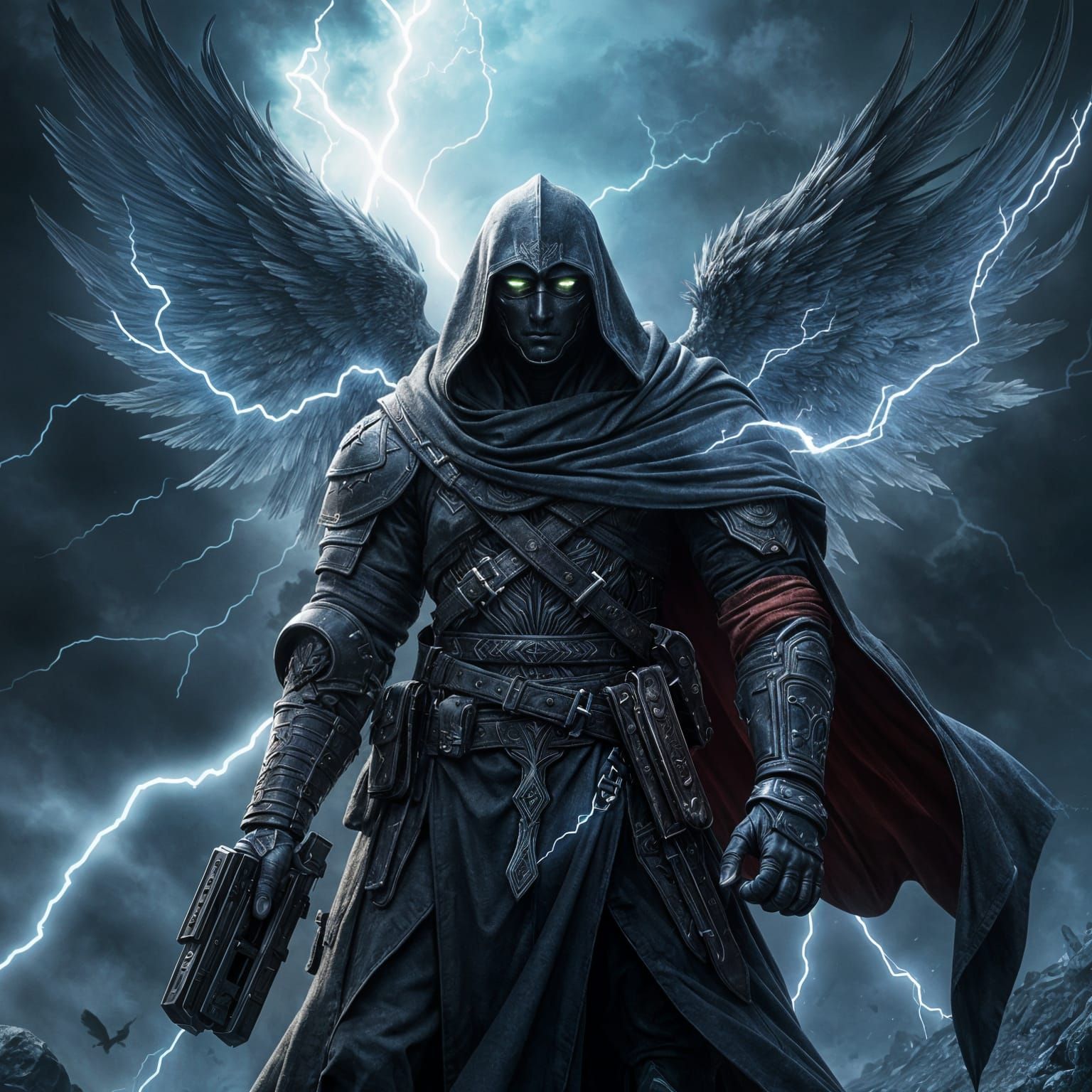 Mysterious Warrior with Electric Pistols in Double Exposure