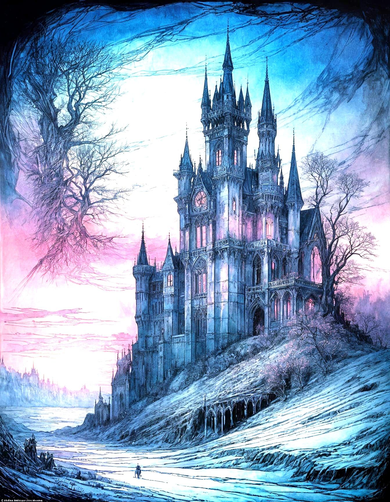 Ethereal Gothic Ice Castle in Sunset Hues