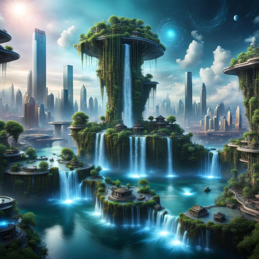 Futuristic Island with Holographic Waterfalls in UHD