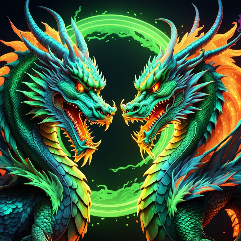 Neon Chinese Dragons Circle in Digital Art