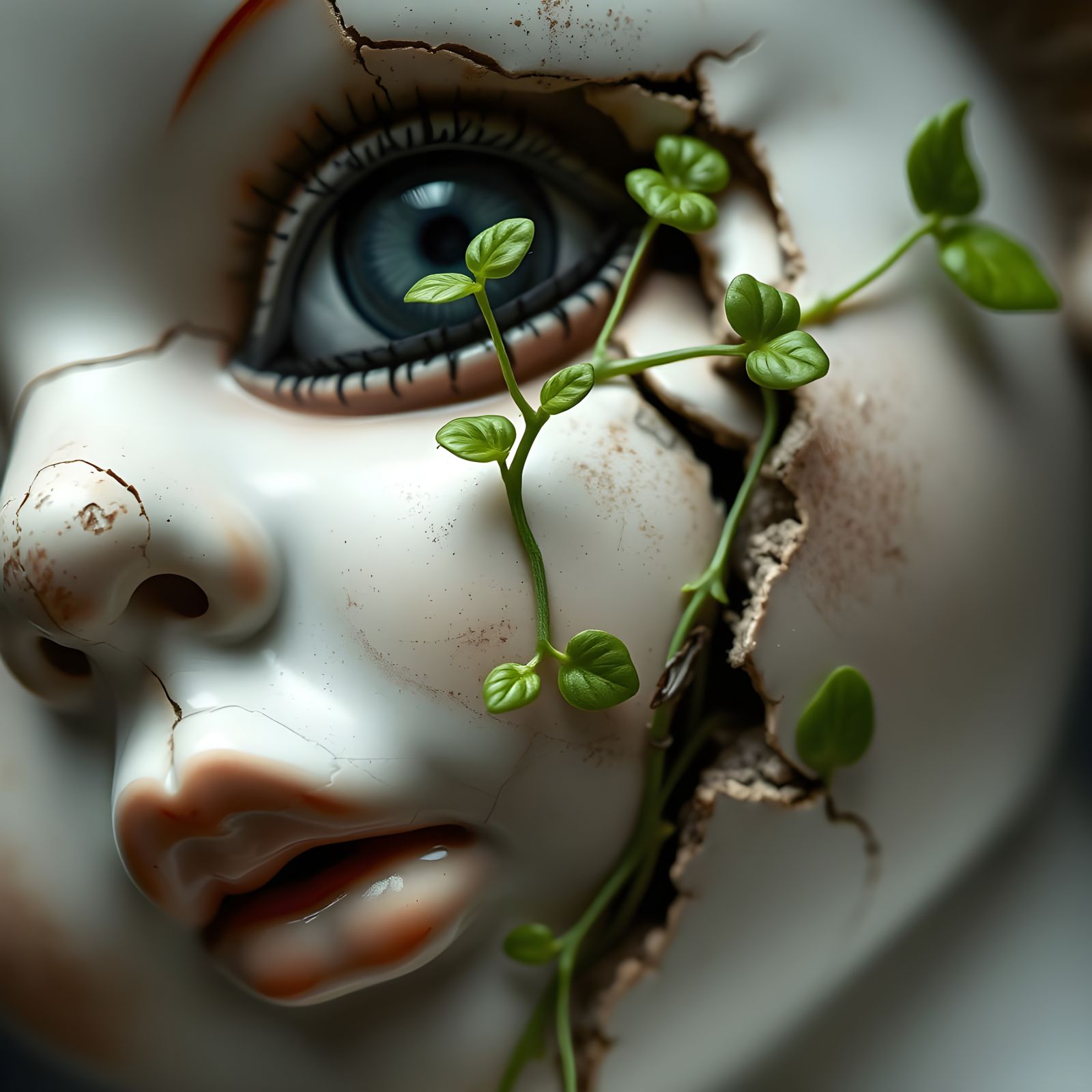 Vine Sprouts from Cracked Doll Face: Oil Painting