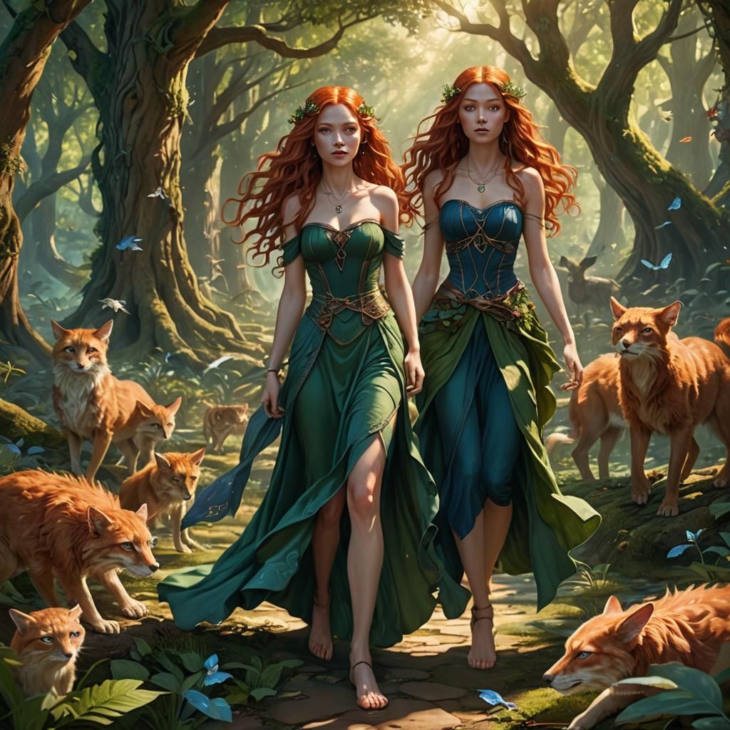 Enchanted Forest Sorceress with Fey Creatures in Digital Art