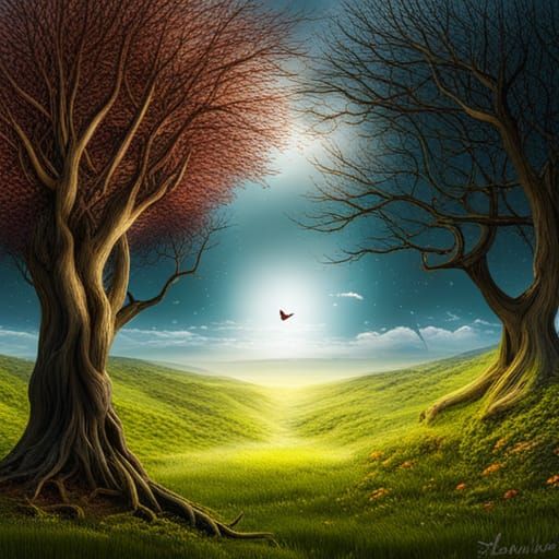 Cherry Trees with Birds: A Matte Painting