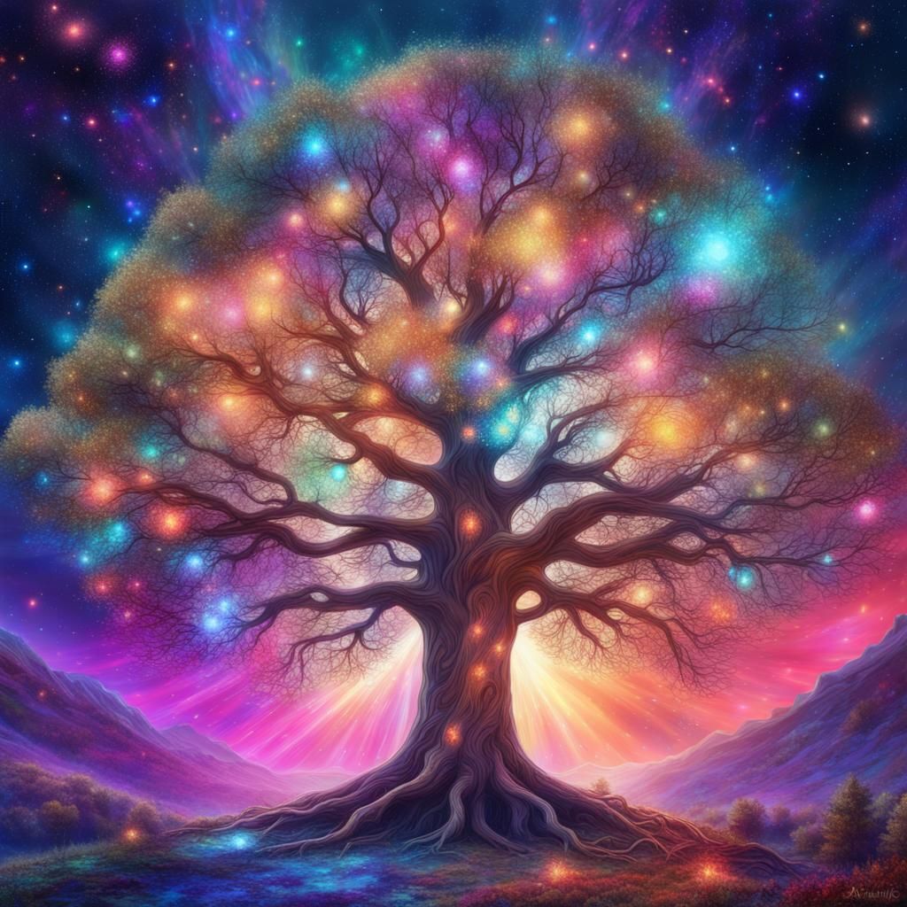 Vibrant Tree of Life: Holographic Cosmic Illustration