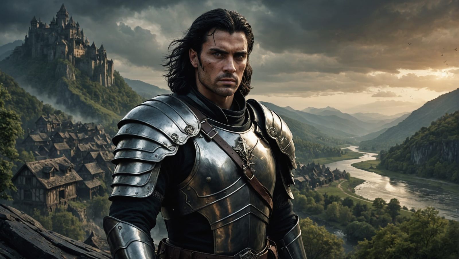 Armored Soldier with Demoness in Fantasy Landscape