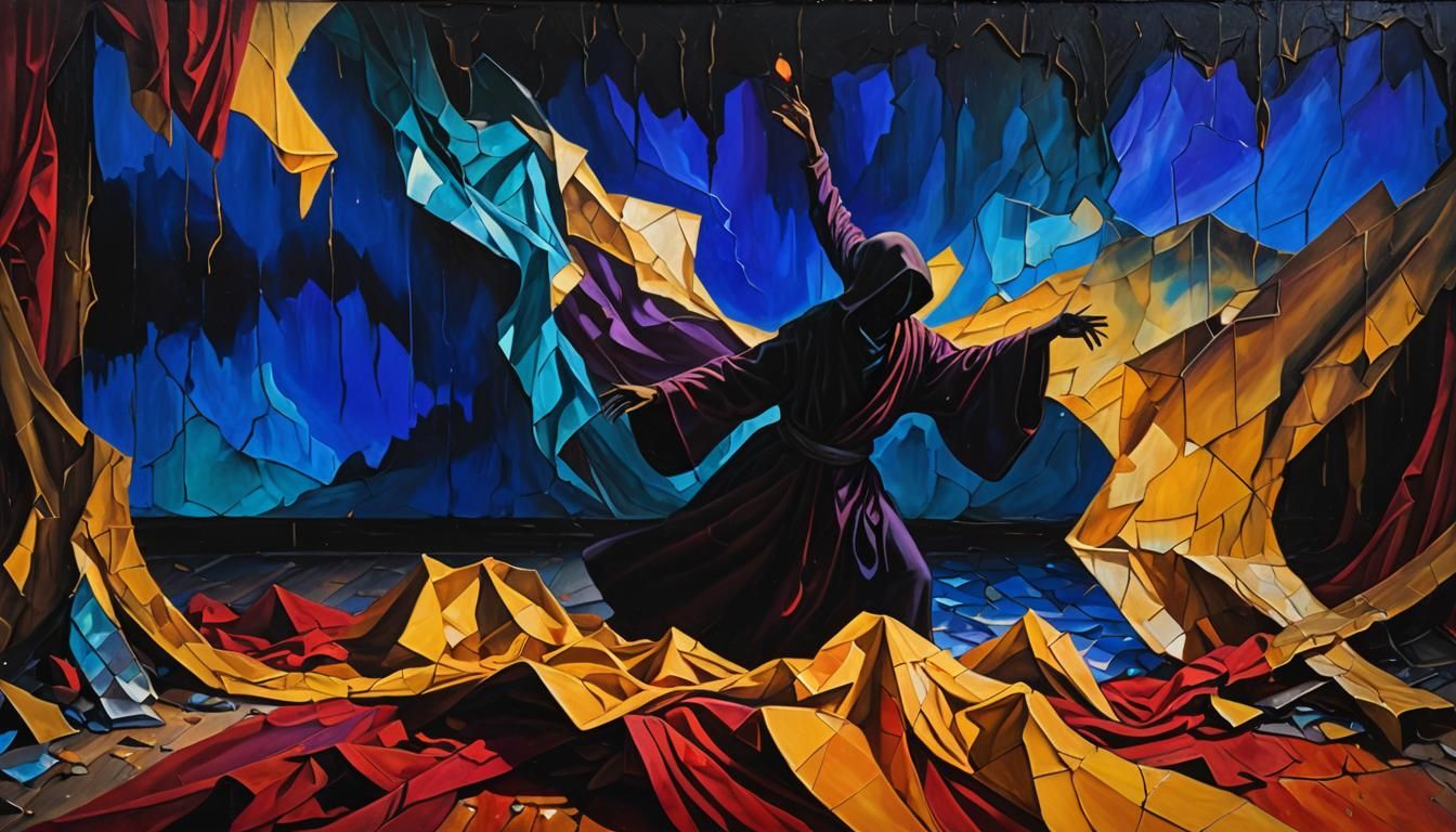 Dark Figure on Stage: Surreal Oil Painting