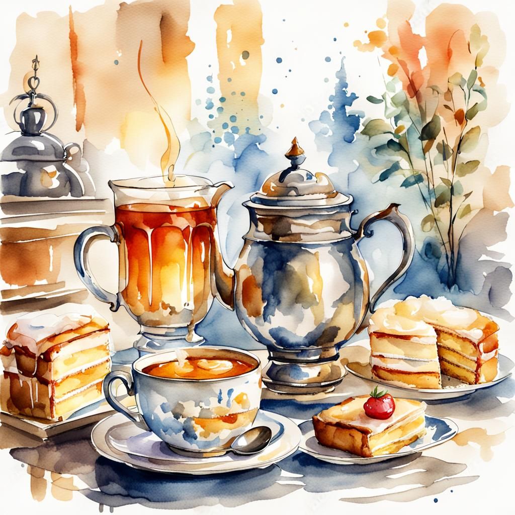 Cozy Room: Samovar, Cake, and Tea Watercolor Sketch