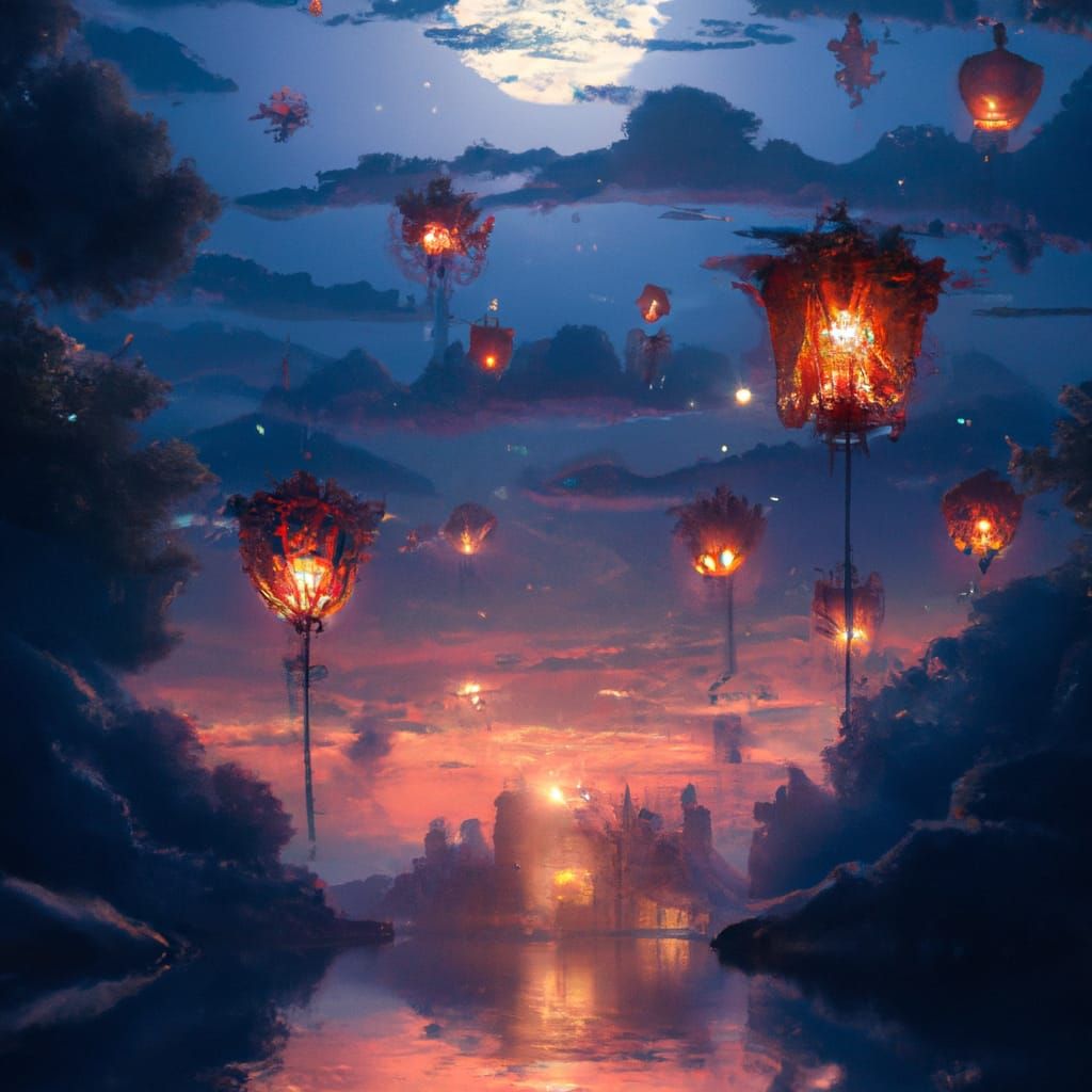 Chinese Lantern Over Moonlit Lake: Digital Illustration