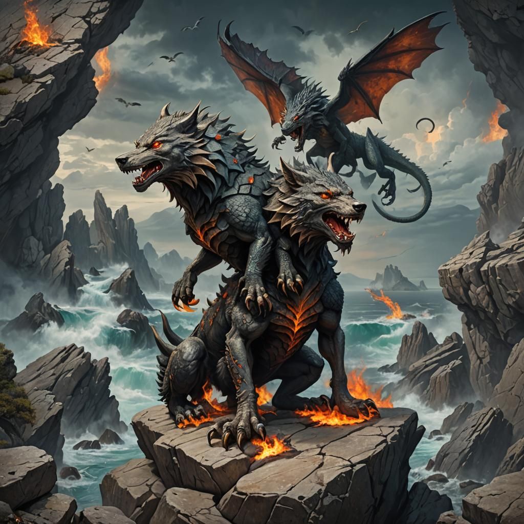 Two-Headed Fire Wolf on Cliffside