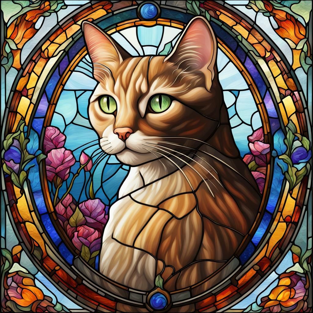 Art Nouveau Stained Glass Cat Portrait