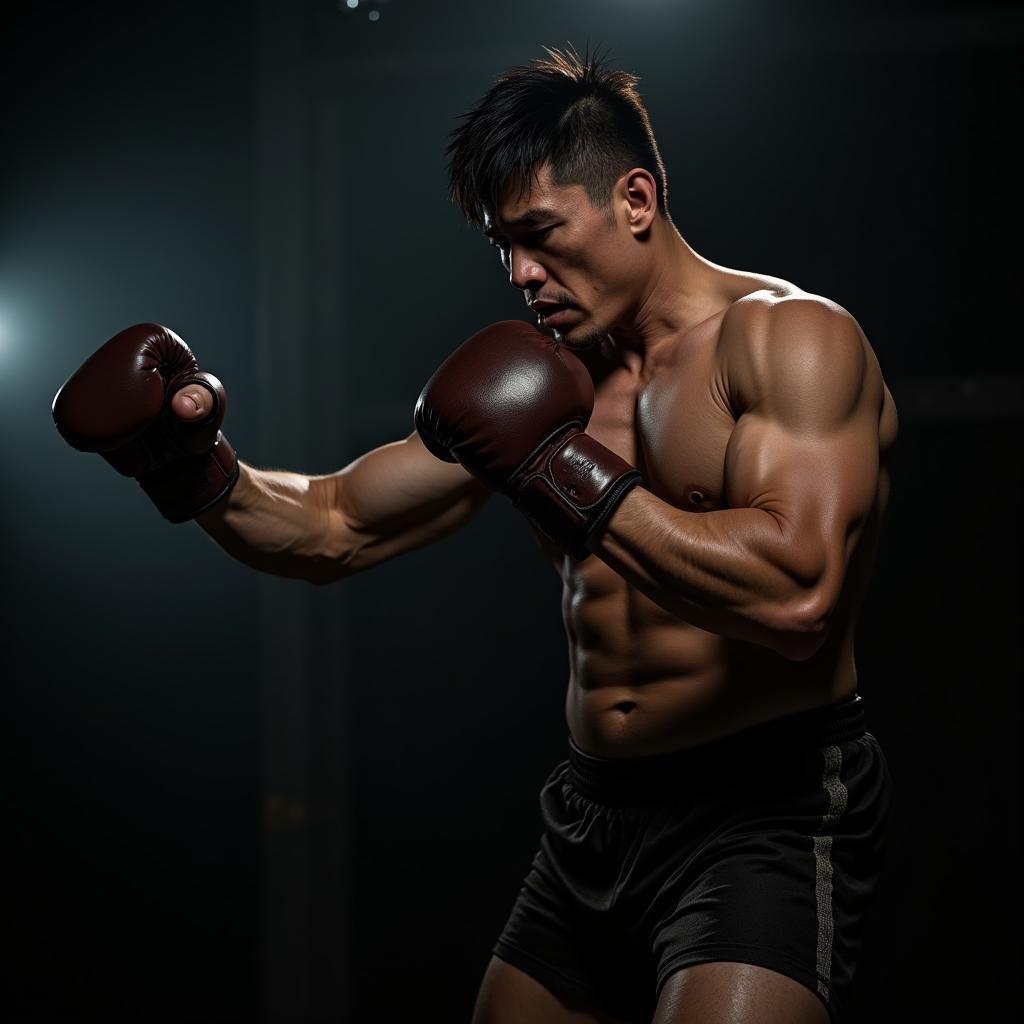 Intense Kickboxer Shadowboxing in Cinematic Lighting
