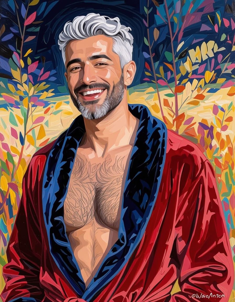 Handsome Man in Velvet Robe in Forest: Impressionist Oil Pai...