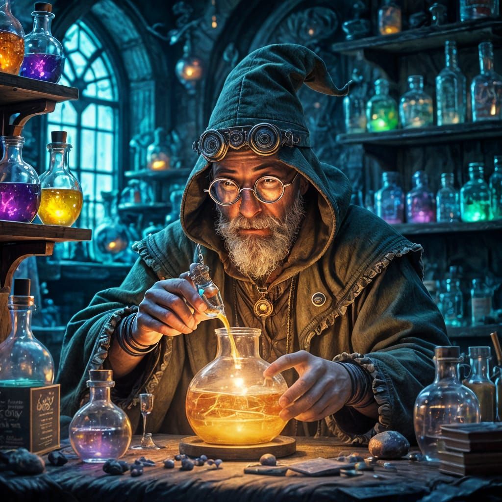 Fantasy Potion Tester in Neon Alchemy Lab