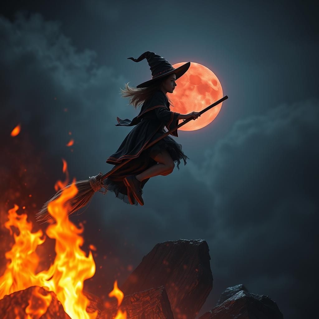 Fantastical Witch Soars Towards the Red Super Moon