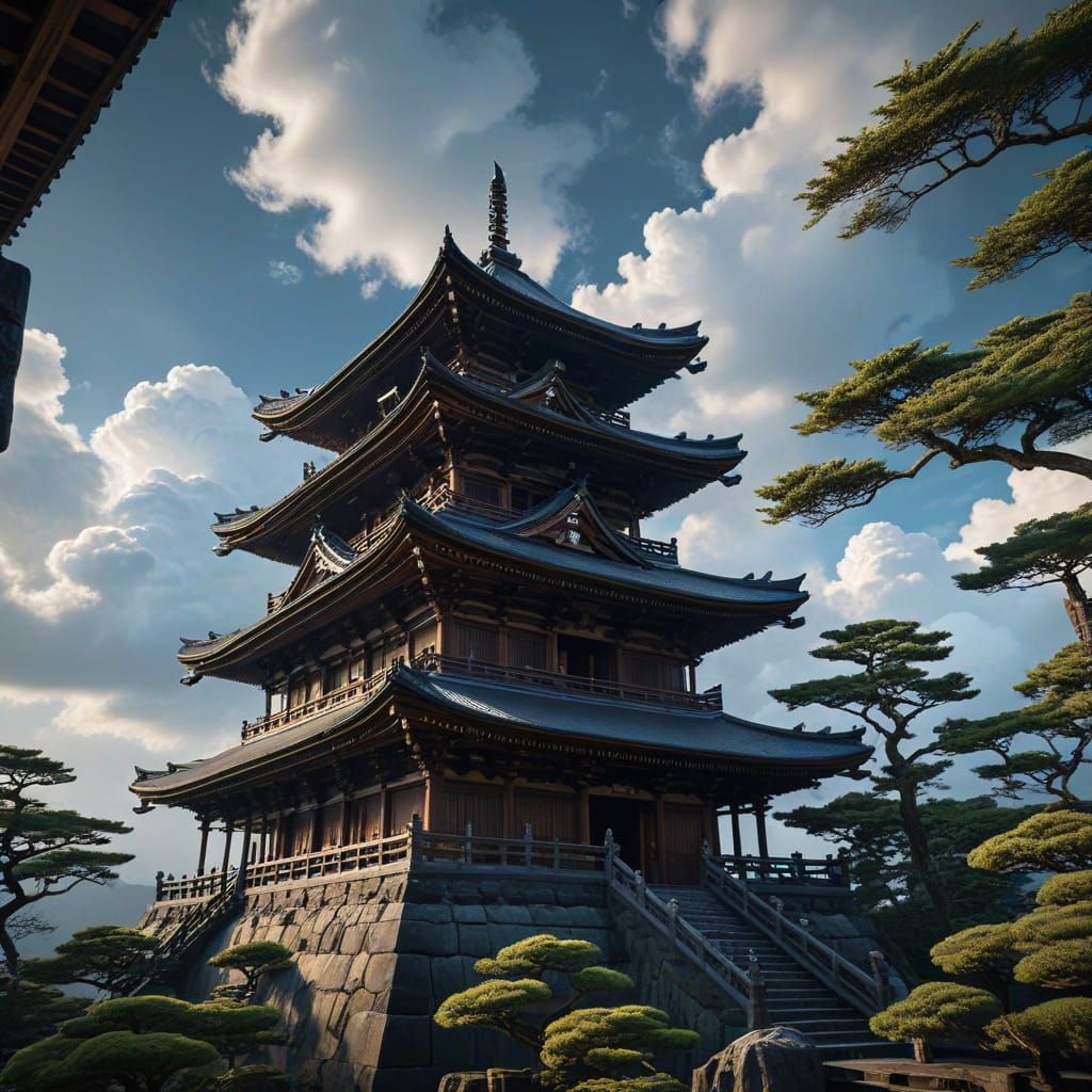 Serene Japanese Temple in Sōsaku-hanga Style