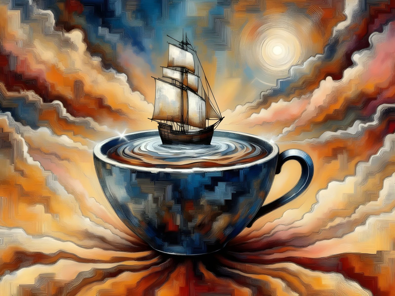 Surreal Coffee Cup Ocean in Desert Landscape