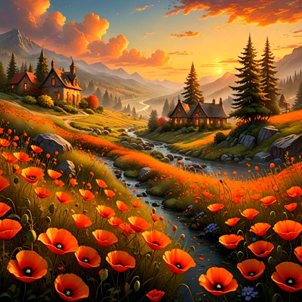 Orange Poppies in a Fantastical Landscape