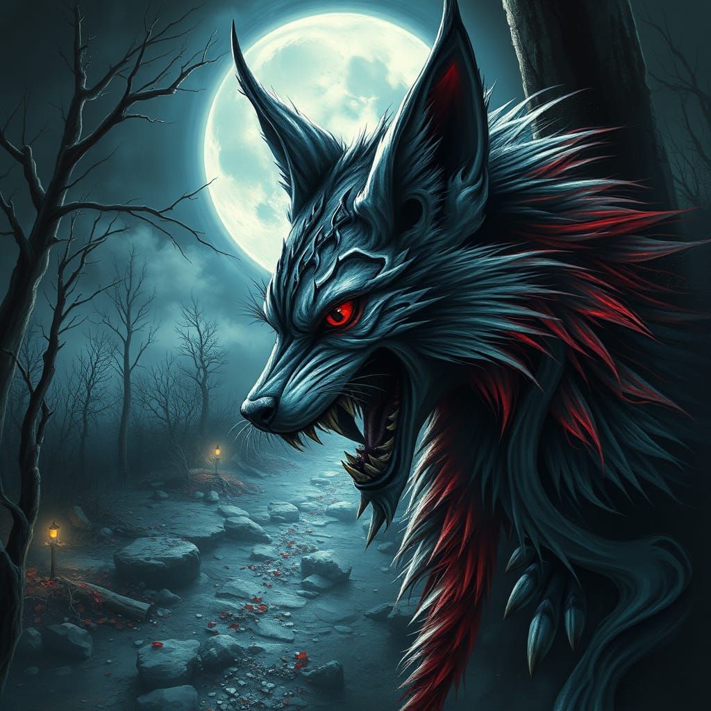 Moonlit Graveyard Scene with Witch and Werewolf