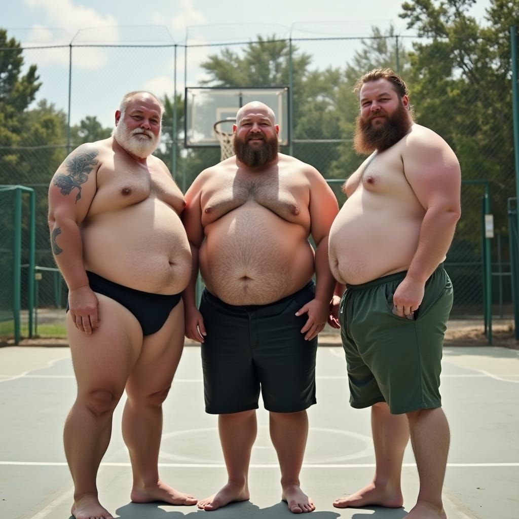 Three Chubby Friends Play Basketball in a Park