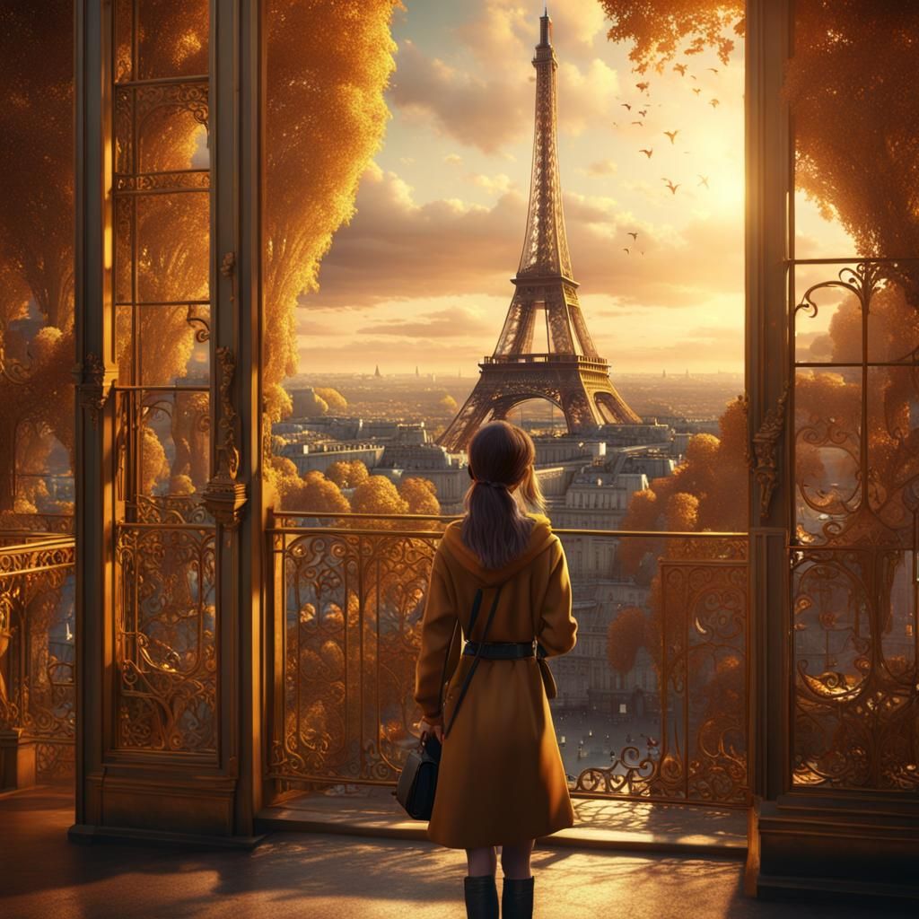 Girl Gazing at Golden Eiffel Tower in Paris