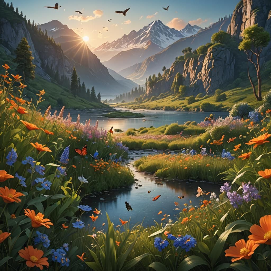 Lush River Landscape with Birds: Social Realism Style