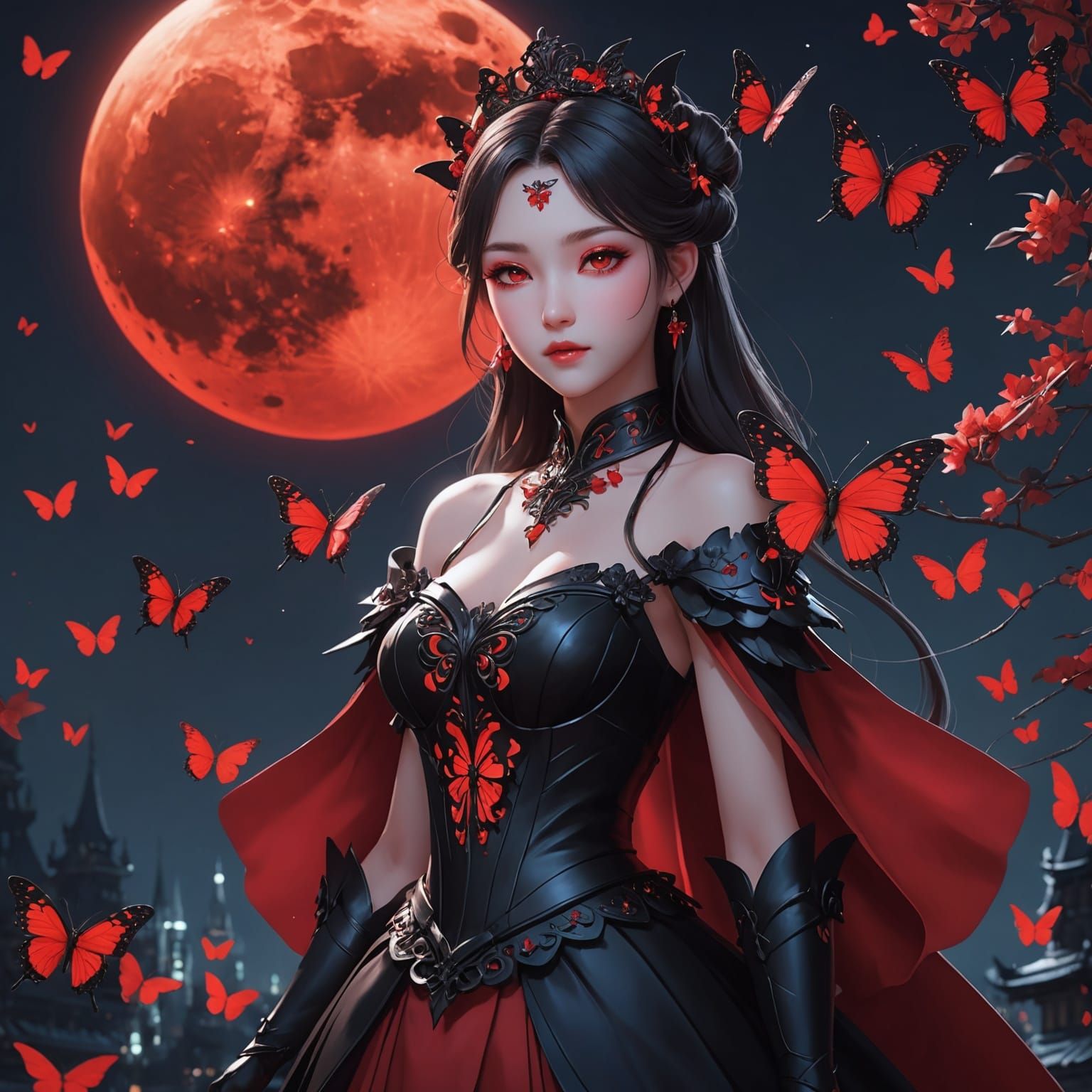 Red Butterfly Princess Under Red Moon Eclipse