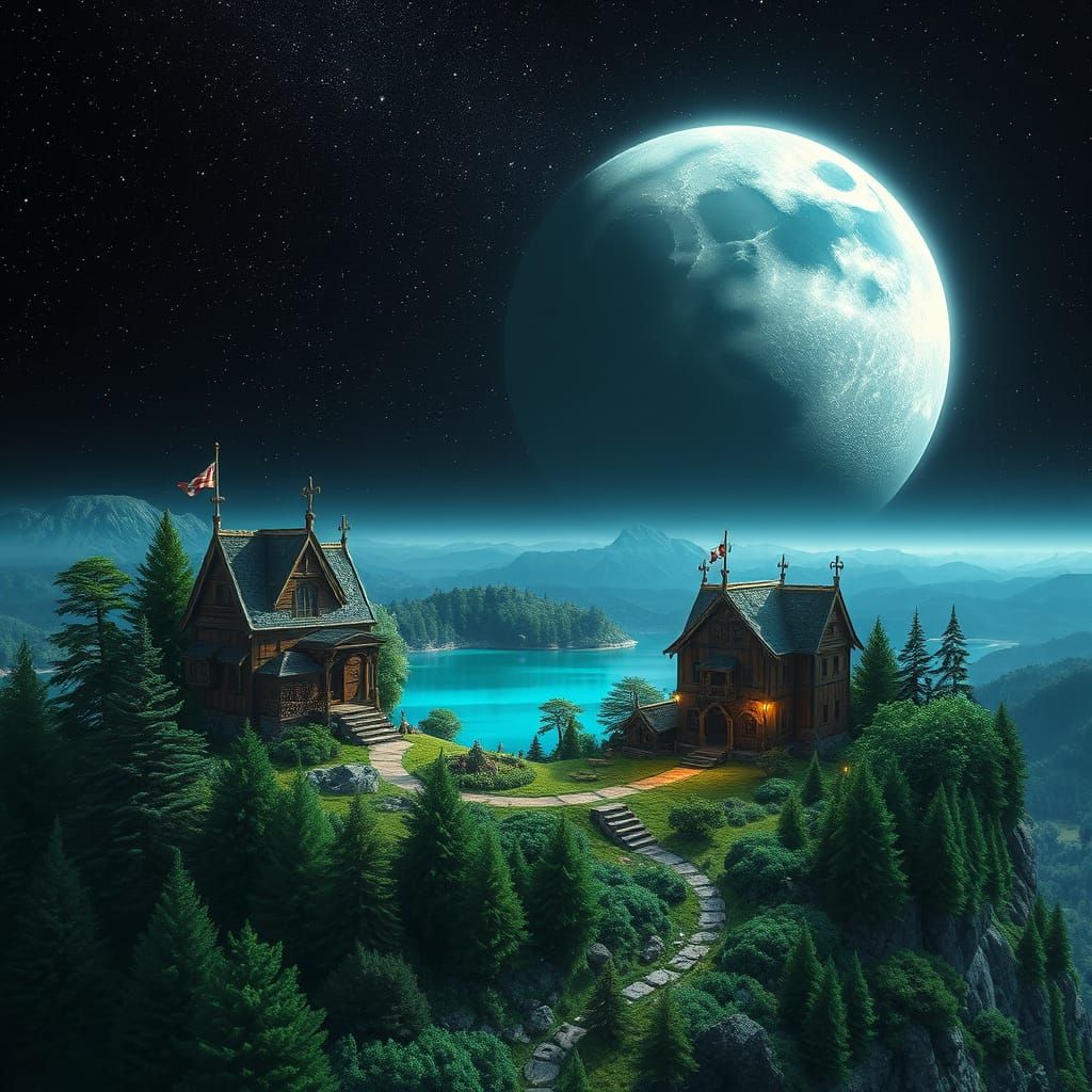 Mystical Moon Village in Emerald Forest with Celestial View