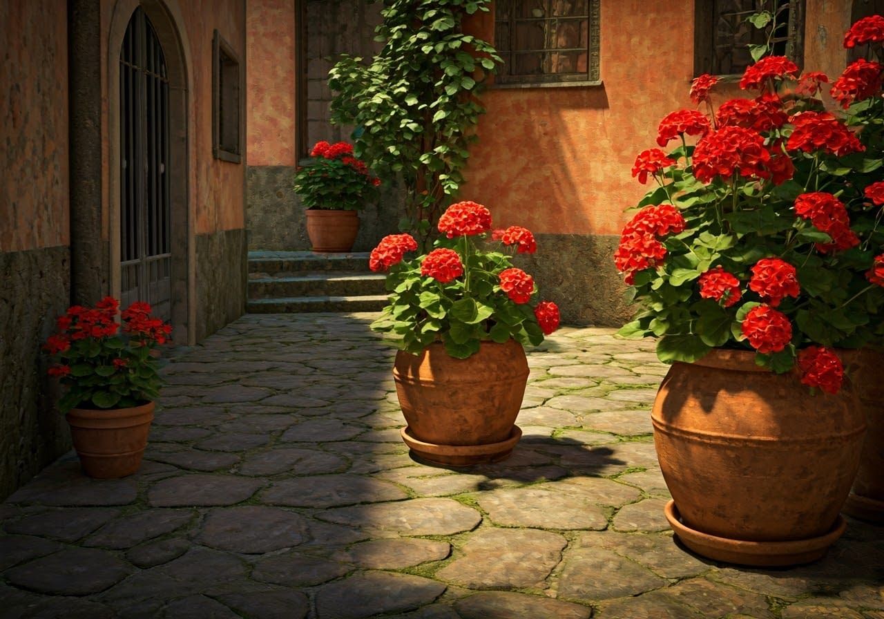 Courtyard Garden with Geraniums, Digital Splash Art