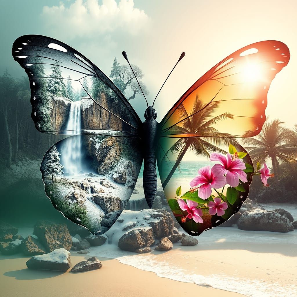 Butterfly Double Exposure: Winter Waterfall and Tropical Bea...