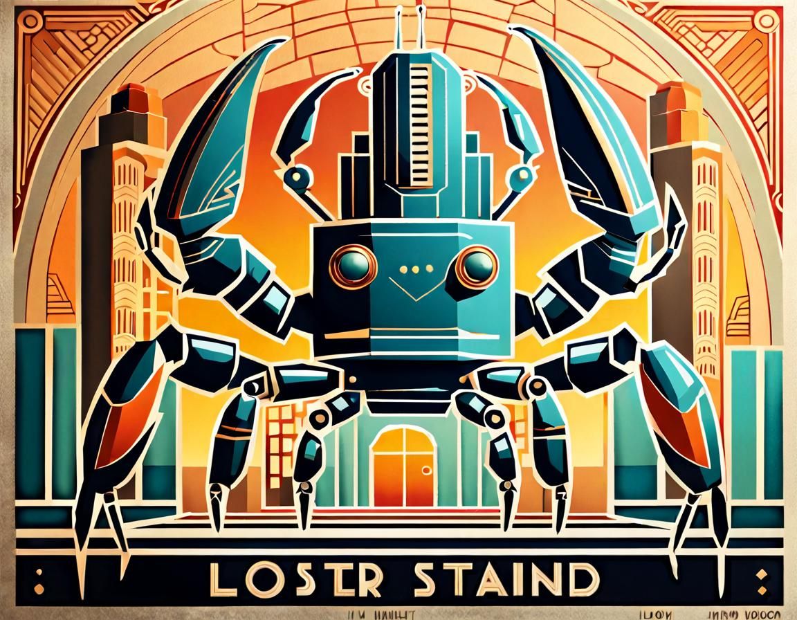 Robot Lobster Stands Before Art Deco Building