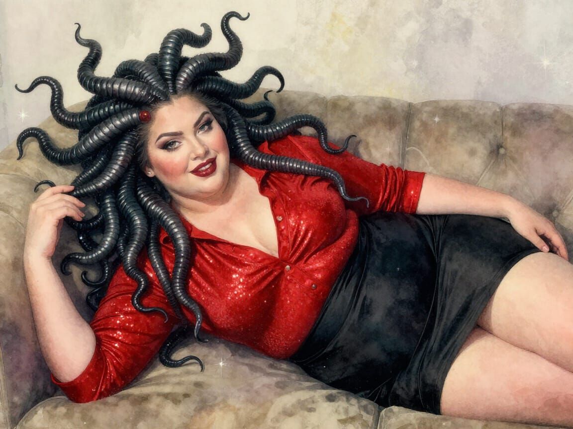Medusa on Sofa in Dreamlike Watercolor Style