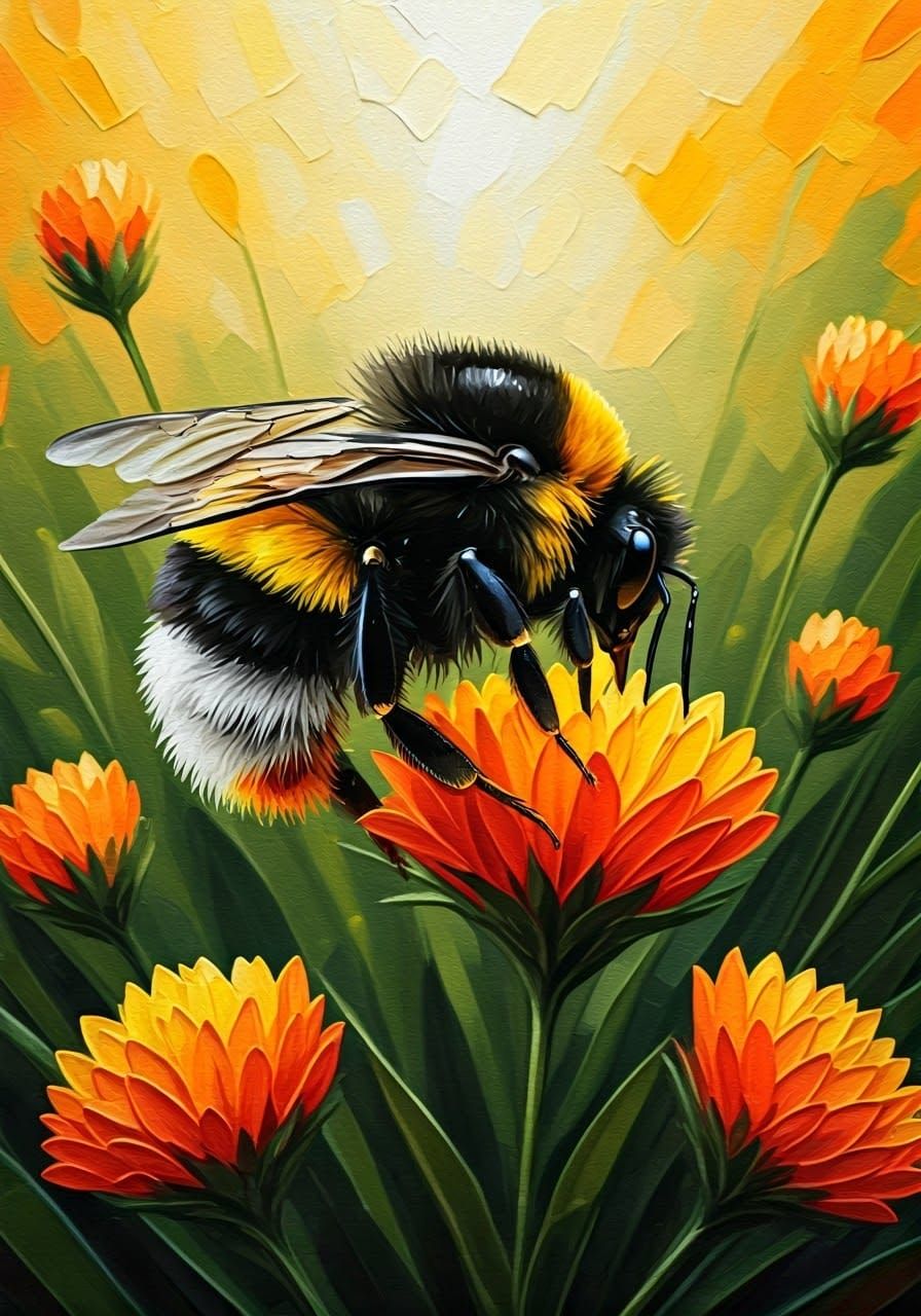 Vibrant Bumblebee in Sun-Kissed Impasto Flower Field